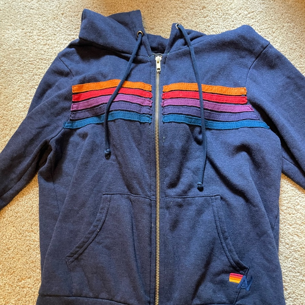 Aviator Nation, navy blue zip-up hoodie with stripes, size S, lightly warn